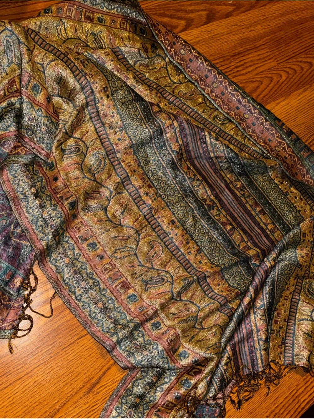 pashmina Multicolor Paisley Fringe Wrap in Gold, Teal, Rust 100% Pashima